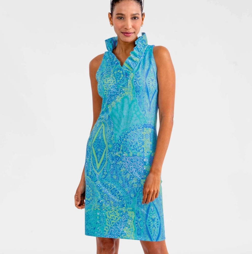 Gretchen Scott Dress Ruffle Ruffneck Sheath Turquoise Arabesque Size L Wedding - Picture 10 of 10